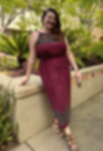 Thumbnail: Woman wearing Uno Dress in Maroon Border print fabric