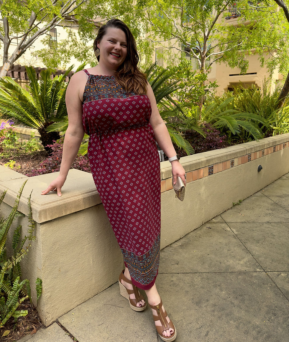 Thumbnail: Woman wearing Uno Dress in maroon border print fabric