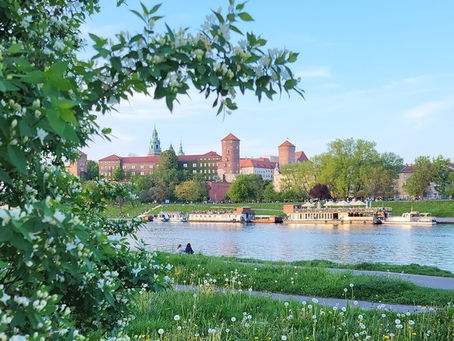 Wawelin kuninkaanlinna Krakovan Vanhassakaupungissa. kuvattuna Veiksel-joen vastarannalta.