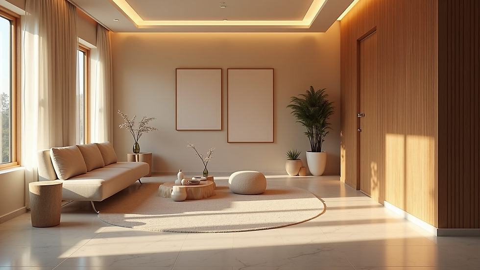 High angle view of a peaceful spa waiting area with comfortable seating and soft lighting