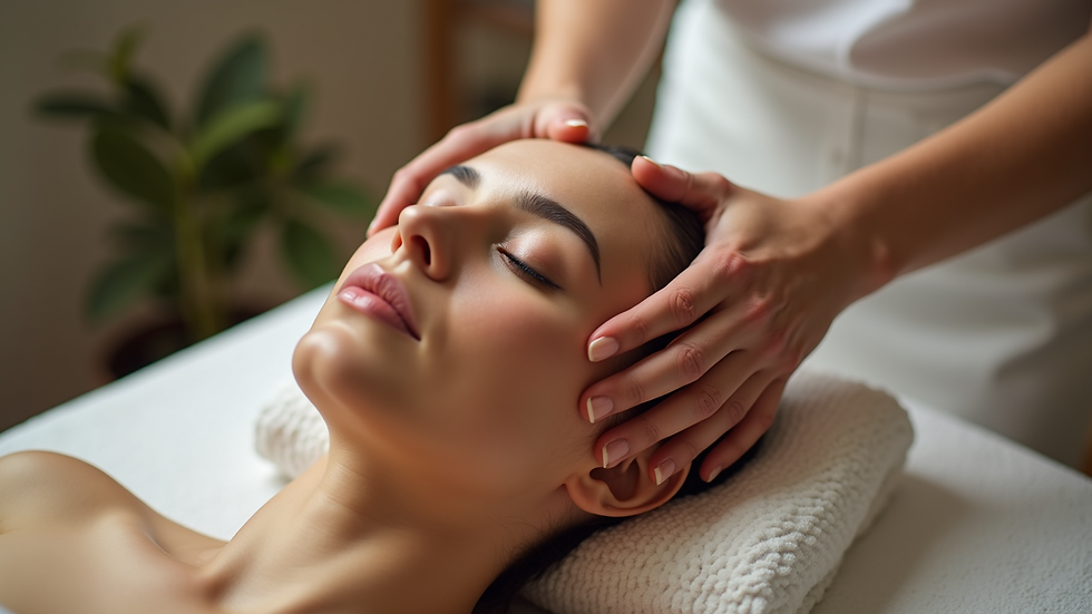Close-up view of a massage therapist’s hands performing a head massage