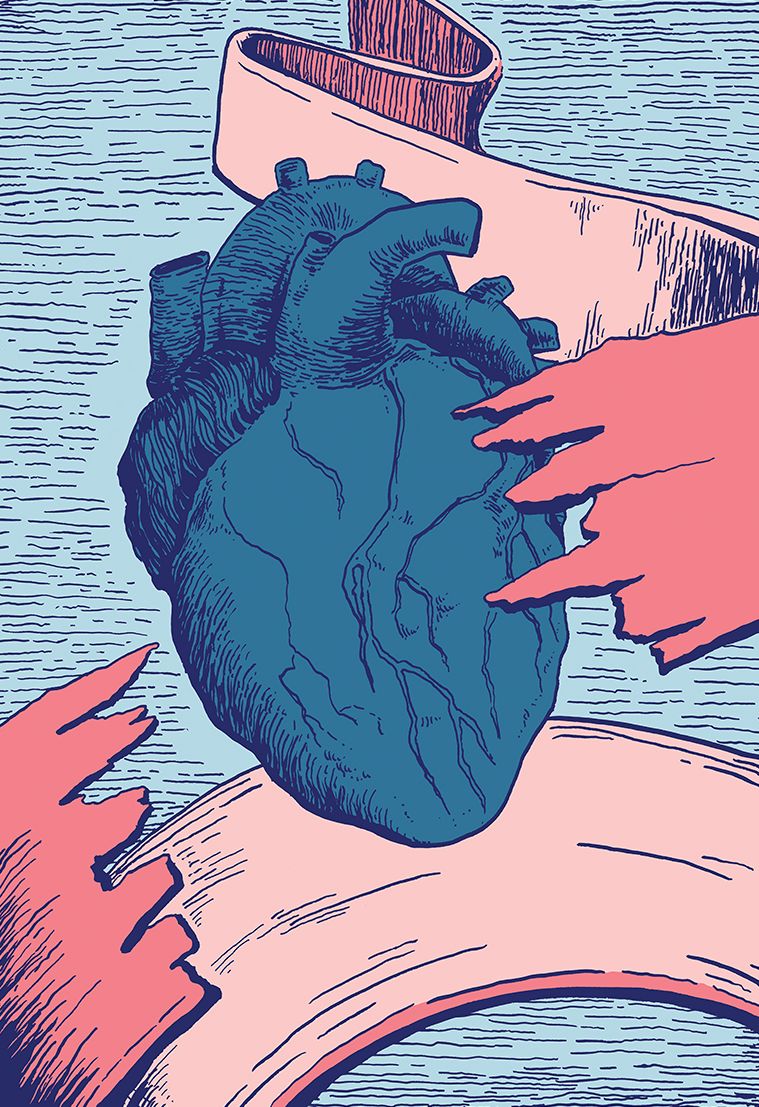 Illustration by Gwen Stok of two hands holding a human heart wrapped in ribbon.
