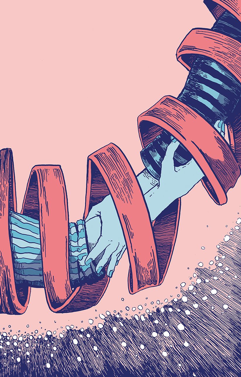 Illustration by Gwen Stok of one hand reaching through coiled coral ribbon to clasp another.