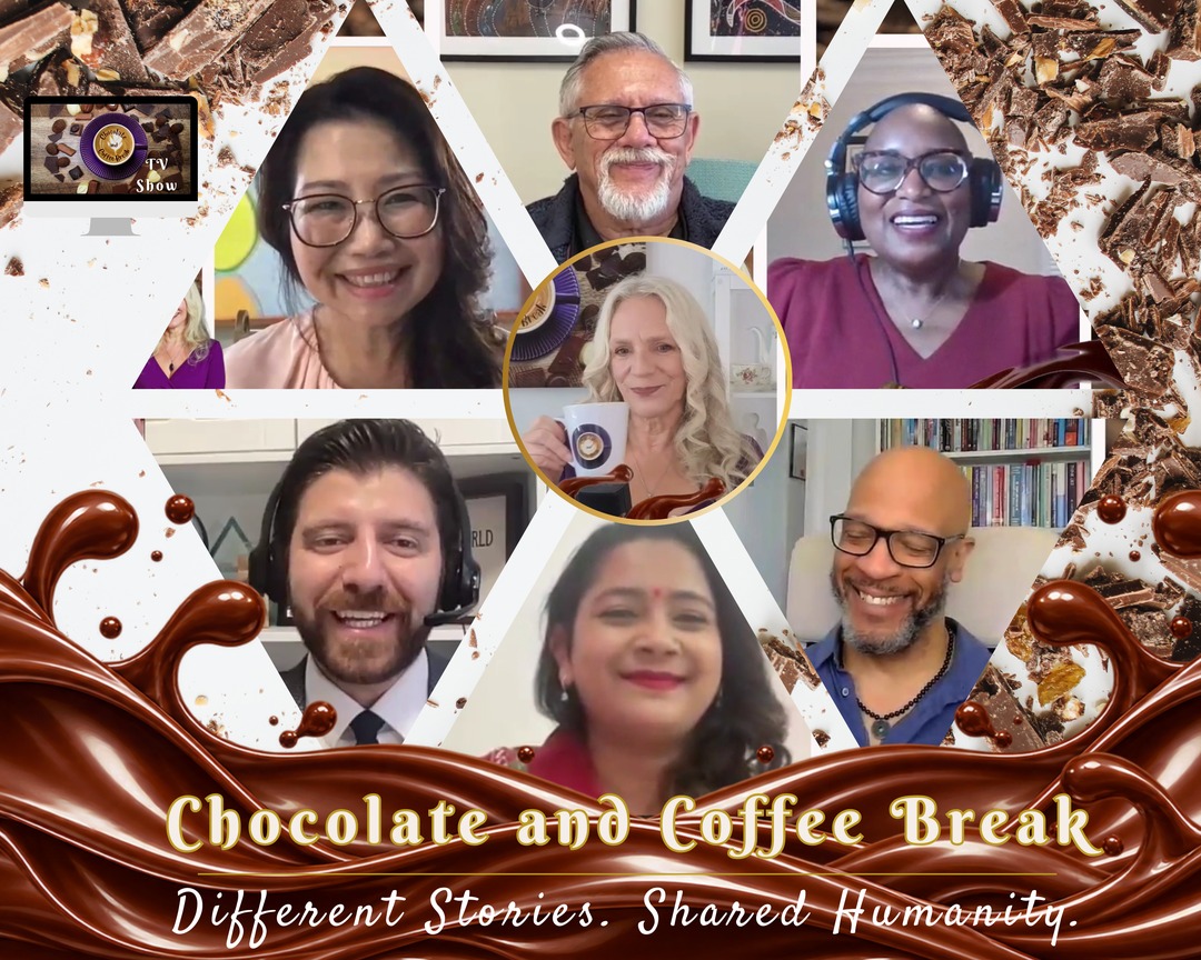 A montage of smiling guests from the Chocolate and Coffee Break television program, with host Andrea Putting holding a mug at the centre.