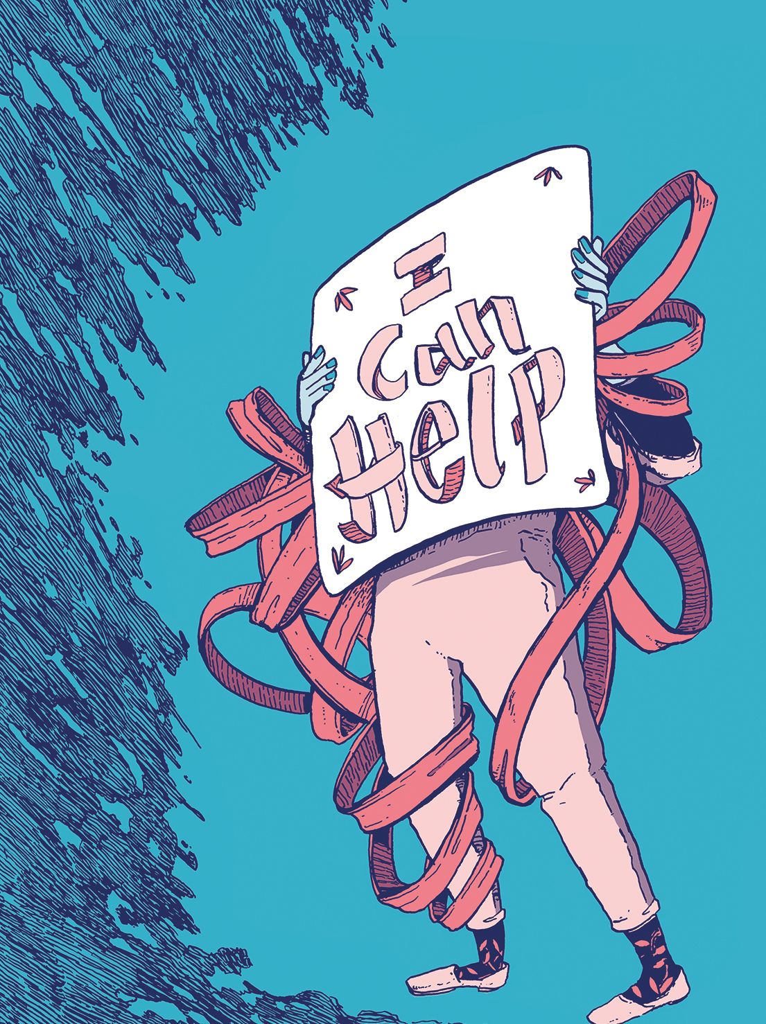 Illustration by Gwen Stok of a figure wrapped in coral ribbon holding up a sign that reads I can help.