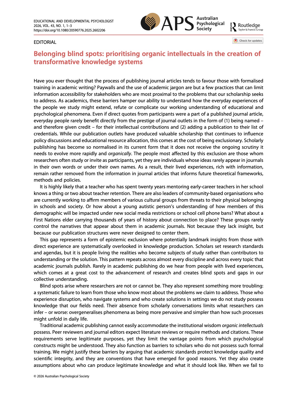 First page of the editorial Belonging blind spots: prioritising organic intellectuals in the creation of transformative knowledge systems, by Kelly-Ann Allen and DeLeon L. Gray, in The Educational and Developmental Psychologist