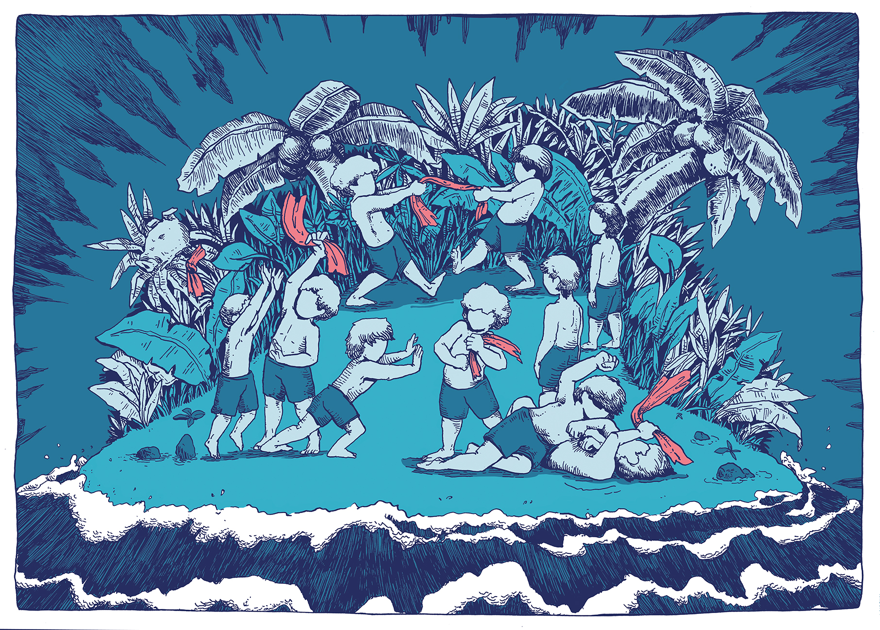 Illustration by Gwen Stok of children fighting on a tropical island, coral ribbons torn between them.