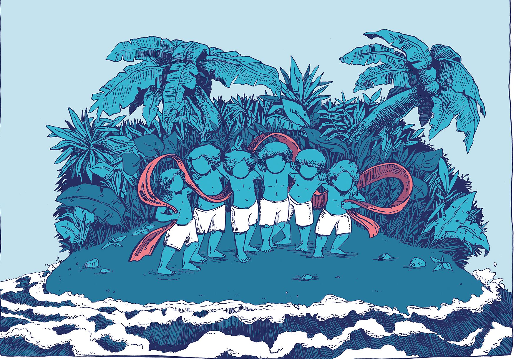 Illustration by Gwen Stok of children on a tropical island, arms linked by coral ribbon.