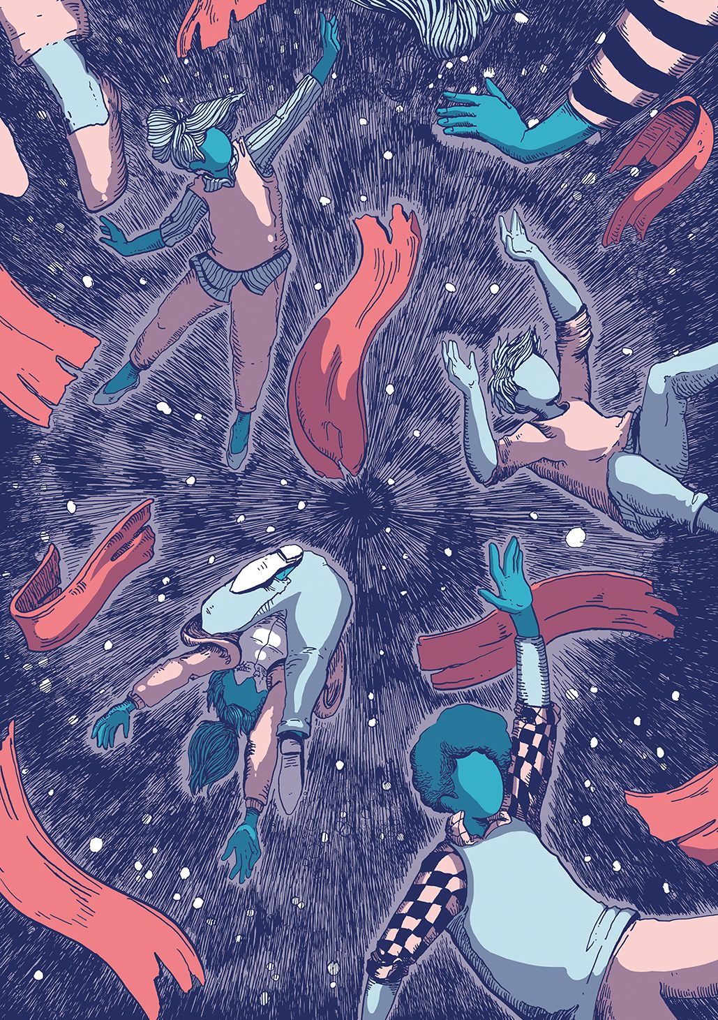 Illustration by Gwen Stok of people drifting apart through space, their ribbons torn.