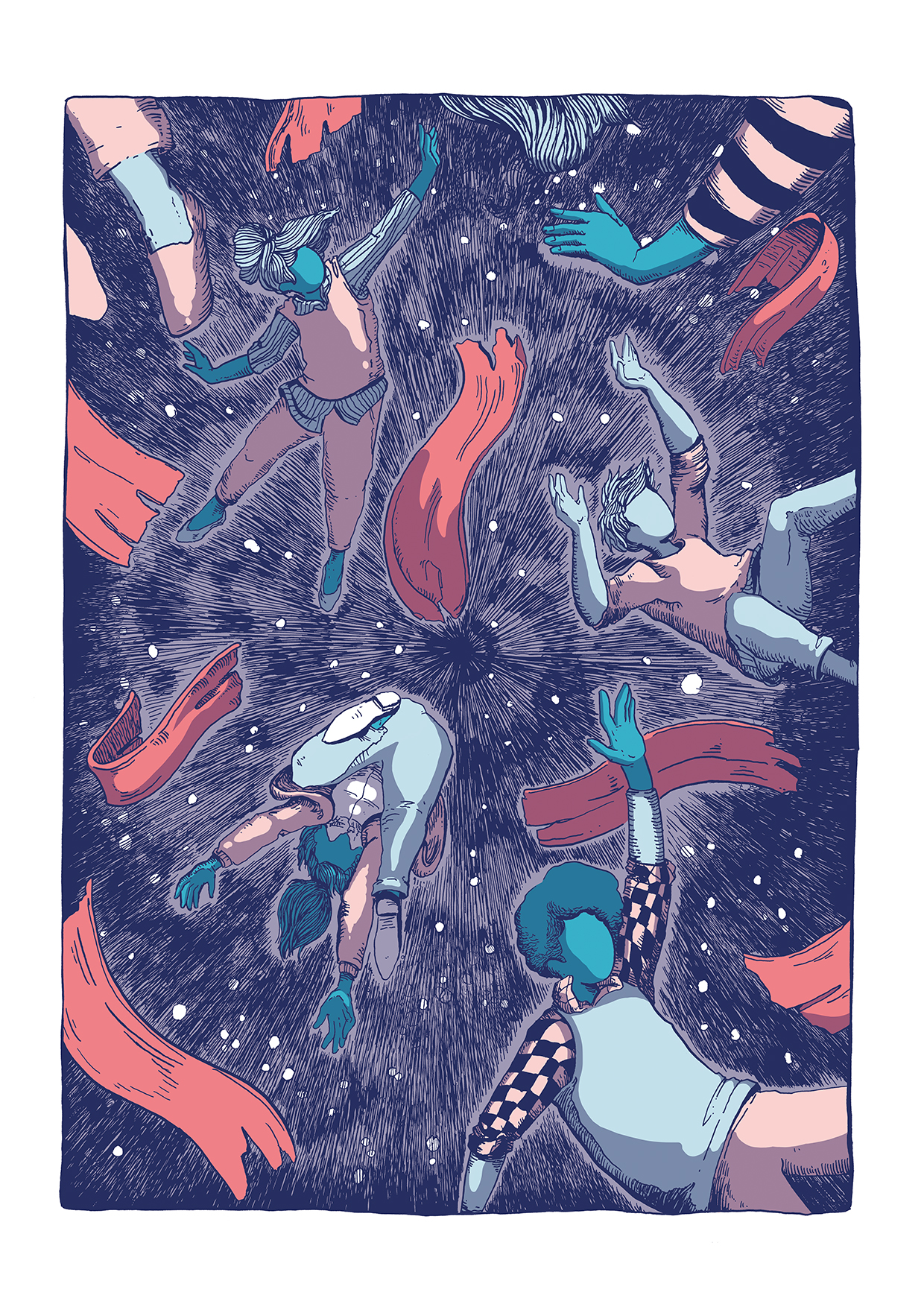 Illustration by Gwen Stok of people drifting apart through a starry sky among loose coral ribbons.