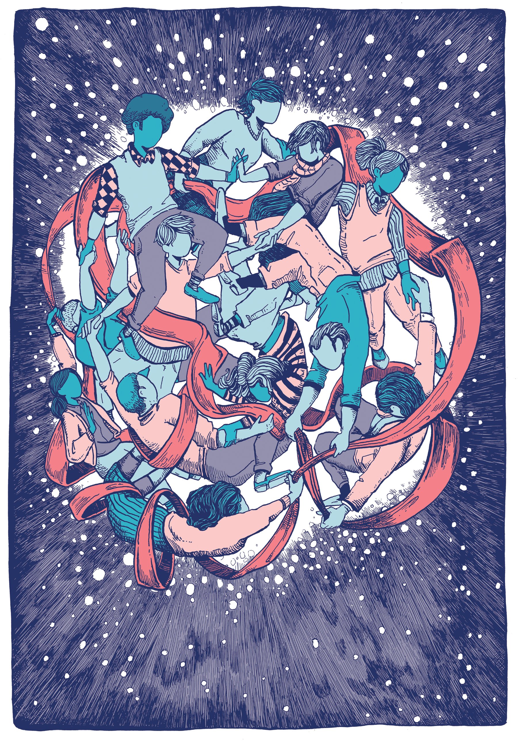 Illustration by Gwen Stok of people bound together by coral ribbons in a starry sky.