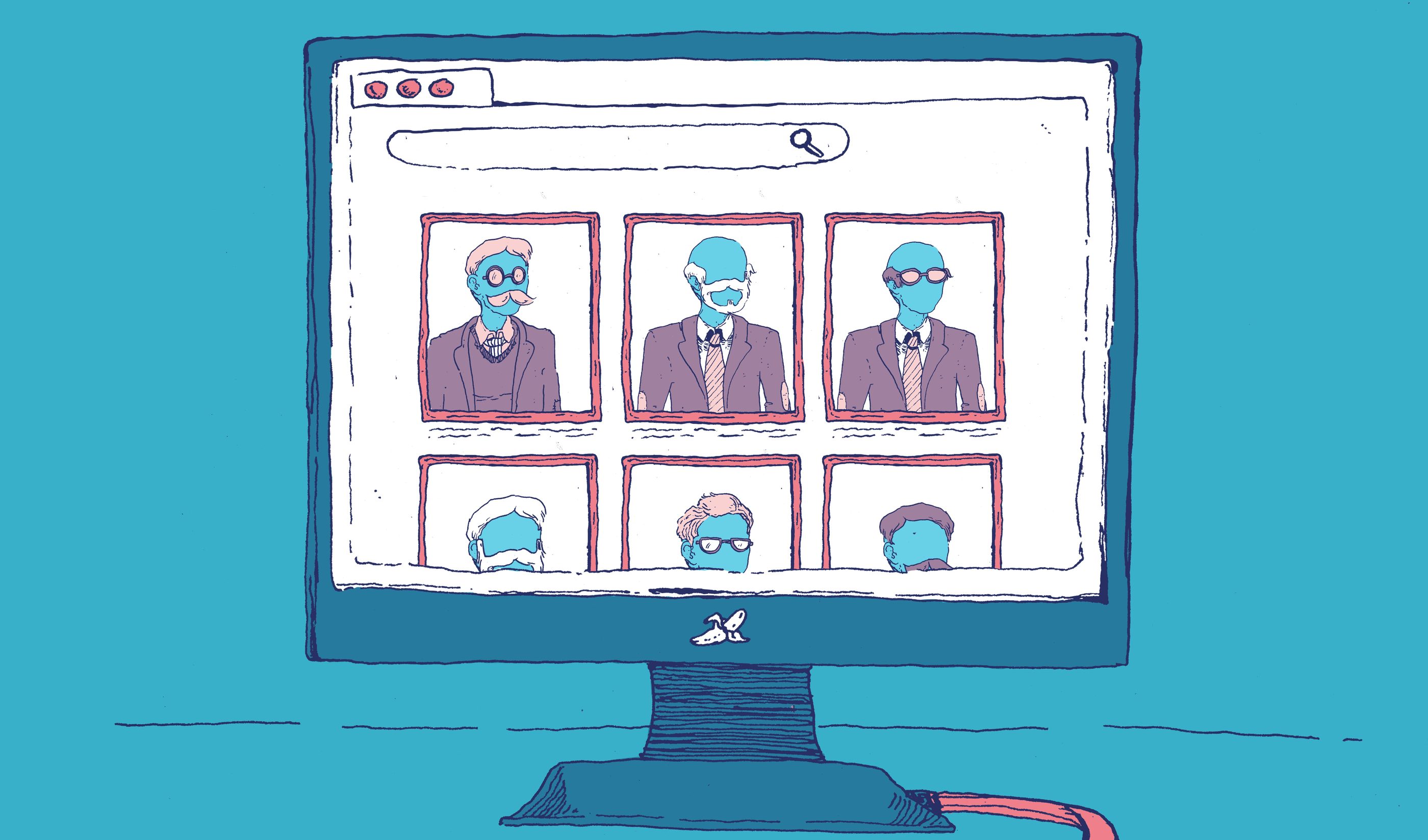 Illustration by Gwen Stok of a search screen showing only older male academics.