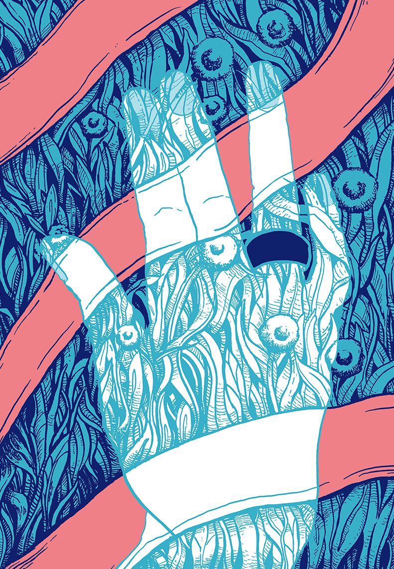 Illustration by Gwen Stok of a hand of woven leaves crossed by coral ribbons.