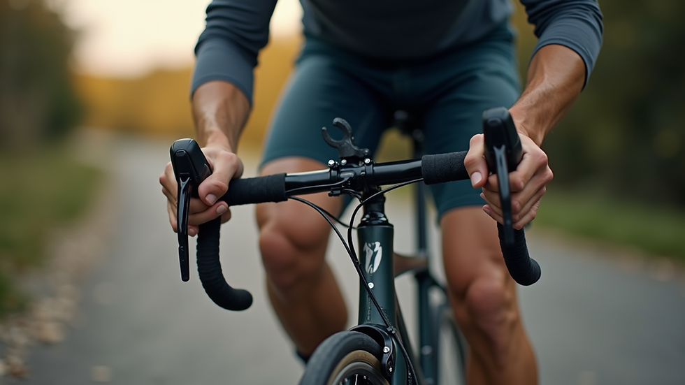 Close-up view of a cyclist’s hands adjusting bike gears
