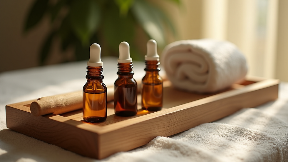 Close-up view of essential oils and massage tools arranged neatly on a wooden tray