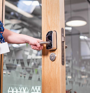 Person using a handle integrated with a smart door access control system