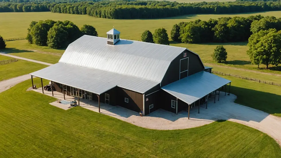 High angle view of a stunning barndominium with metal exterior