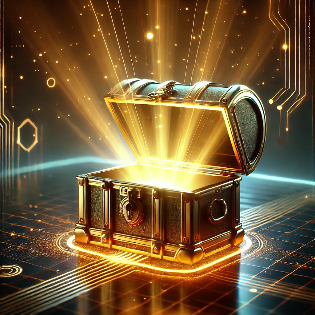 DALL·E 2025-03-11 18.48.13 - A futuristic treasure chest glowing with a soft golden light,