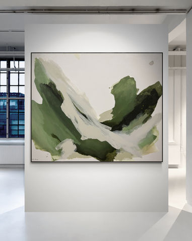 Abstract painting by Julia Chuquis,Held Between, Acrylic on canvas, Green tones inspired by nature 