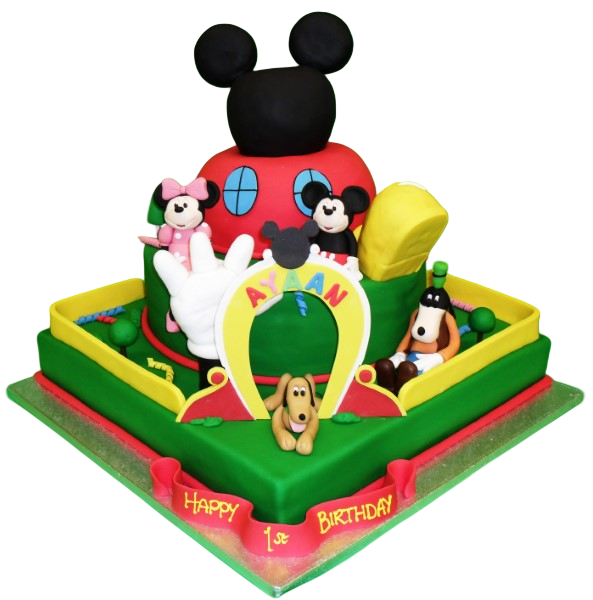 A charming Mickey Mouse-themed club house cake perfect for a Disney-themed celebration.