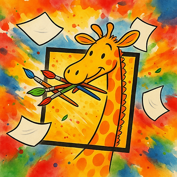 Girafe artiste, pinceaux en bouche
