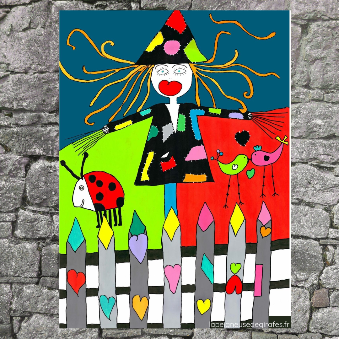 Peinture originale – La Rieuse aux Oiseaux accroché au mur