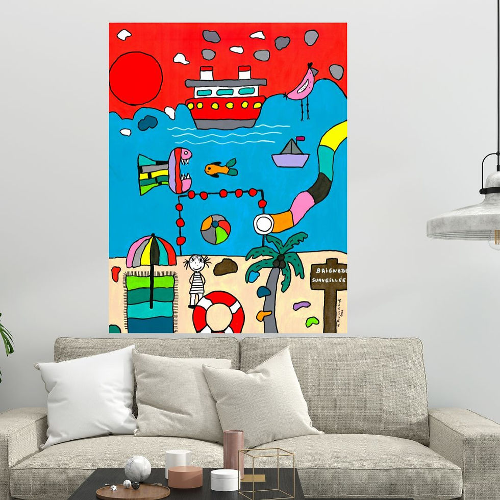 Peinture originale accrochée au mur Saint-Victor sur Loire vue par la Peigneuse de Girafes