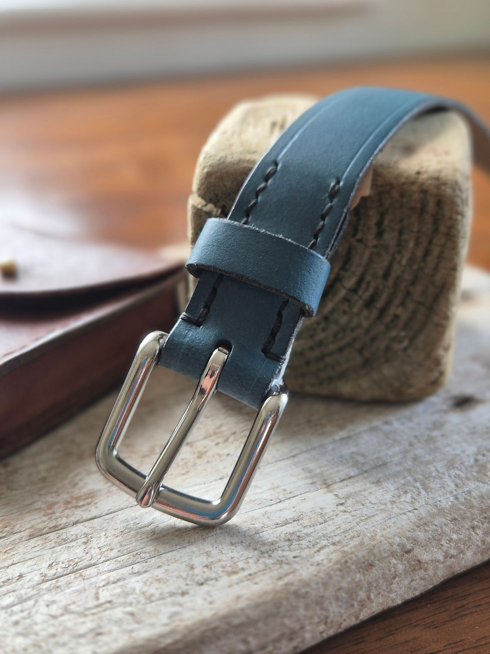 Thumbnail: denim blue leather belt with silver colour buckle