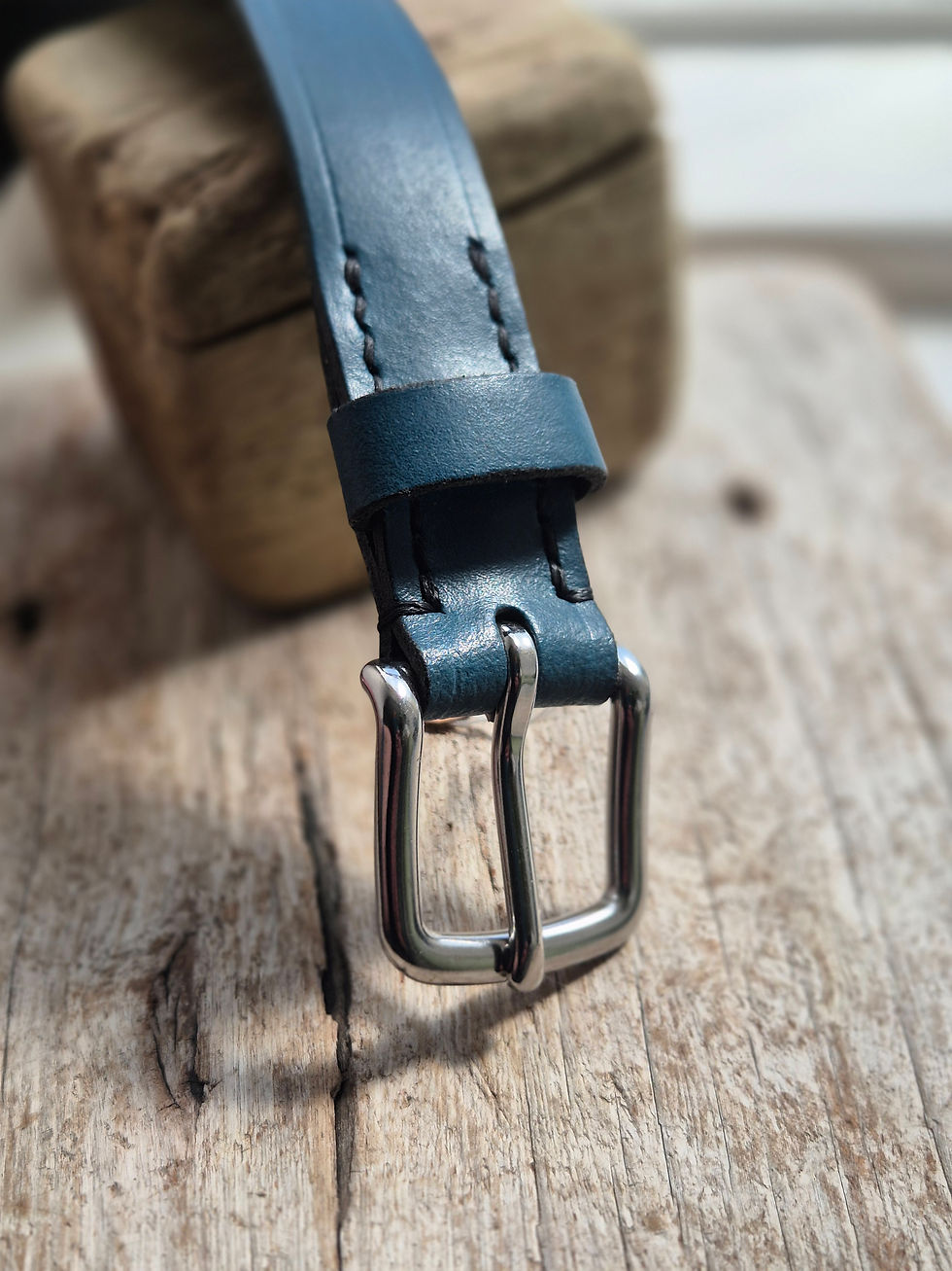Thumbnail: denim blue leather belt with silver colour buckle