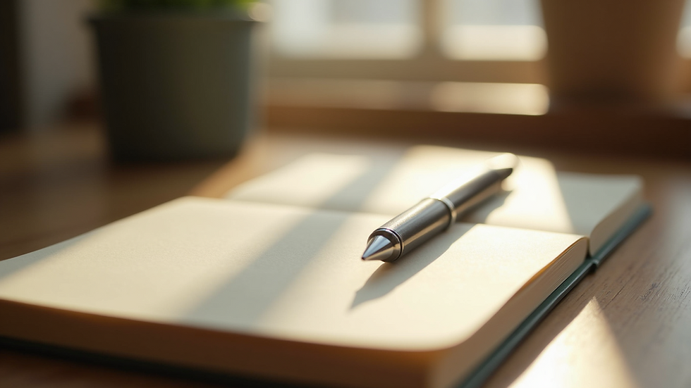 Close-up view of a journal and pen on a wooden table with soft morning light
