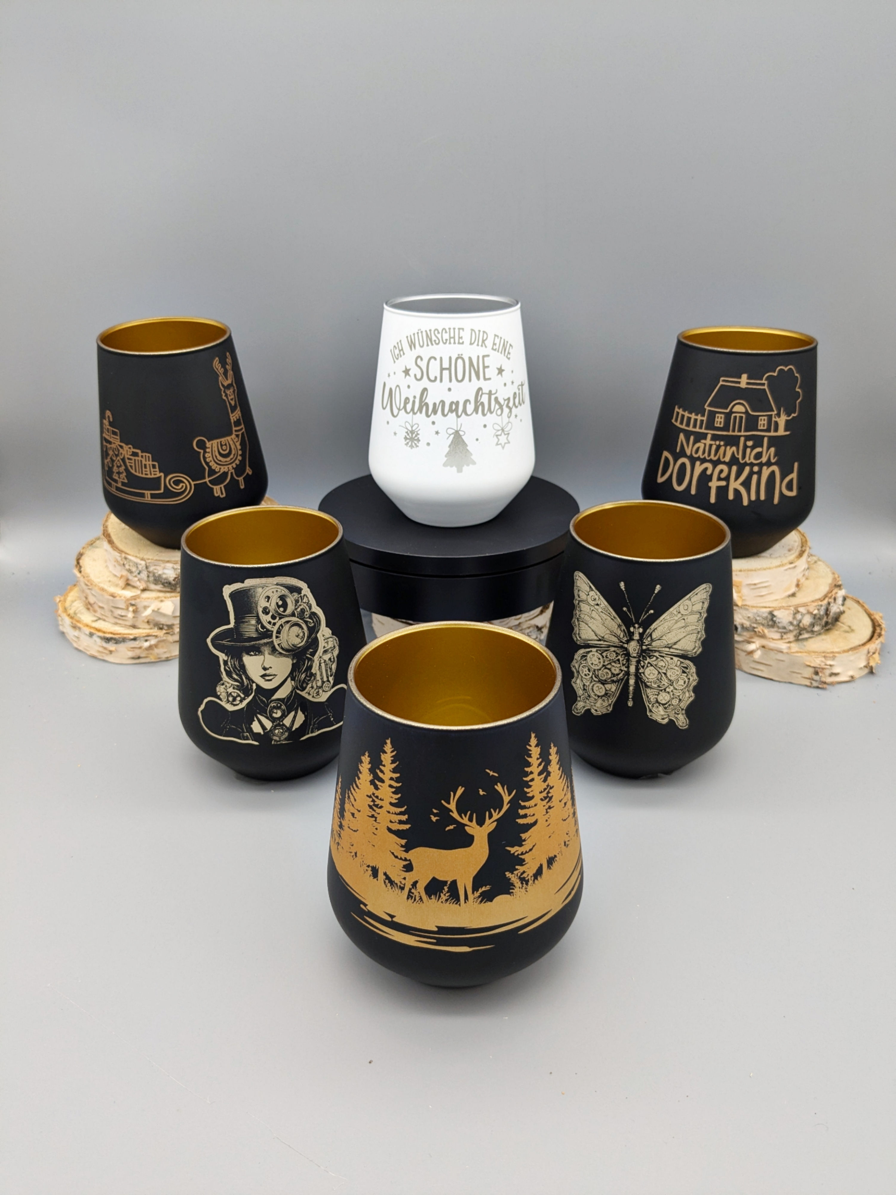 Windlicht-Gläser schwarz oder weiß mit Gravur