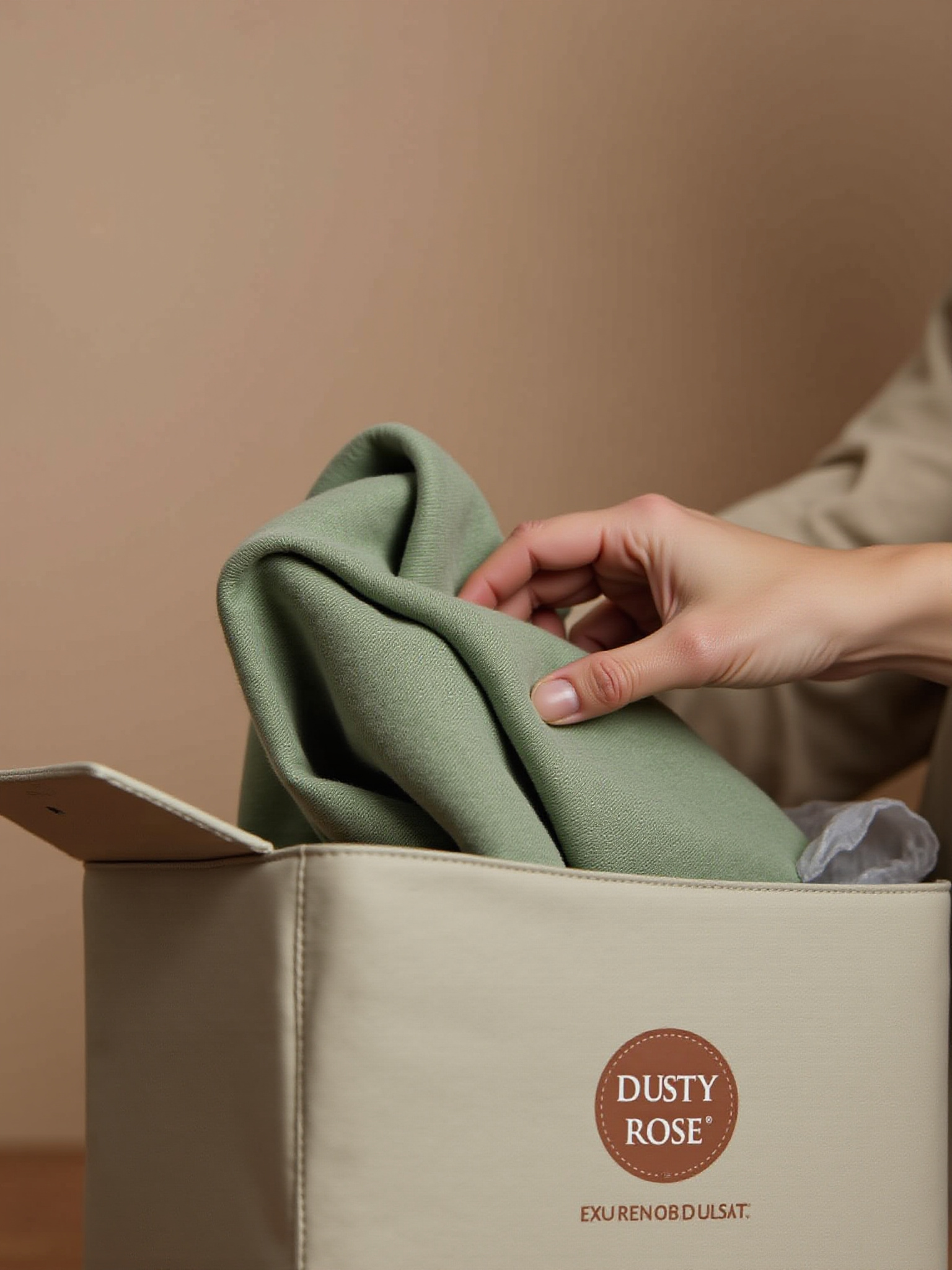 Hand placing sage green fabric in Dusty laundry box