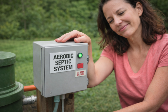 lady petting aerobic septic system electrical box
