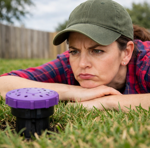 lady on ground waiting for her aerobic septic spray head to spray