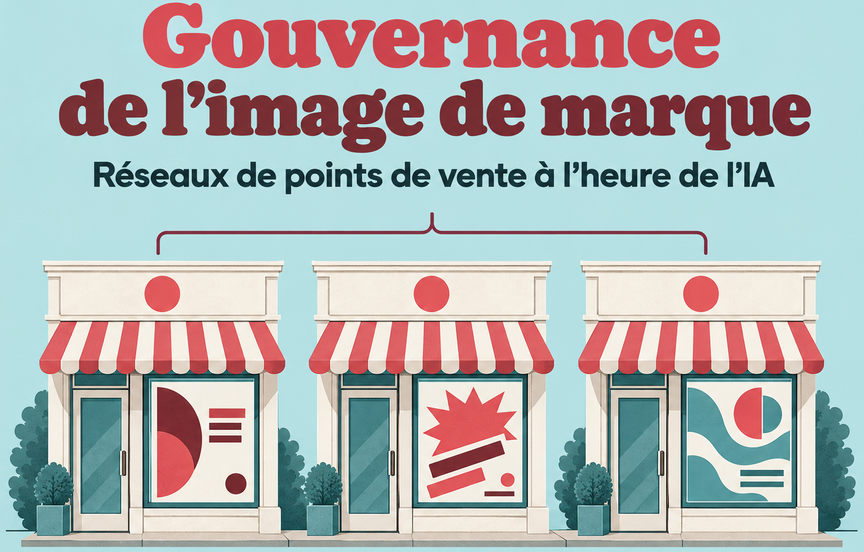 Gouvernance de l’image de marque à l’heure de l’IA : trois points de vente d’une même enseigne présentent des communications visuelles différentes.