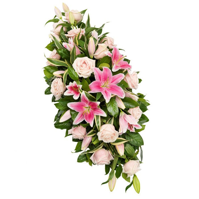 Pink lilies and roses funeral tribute