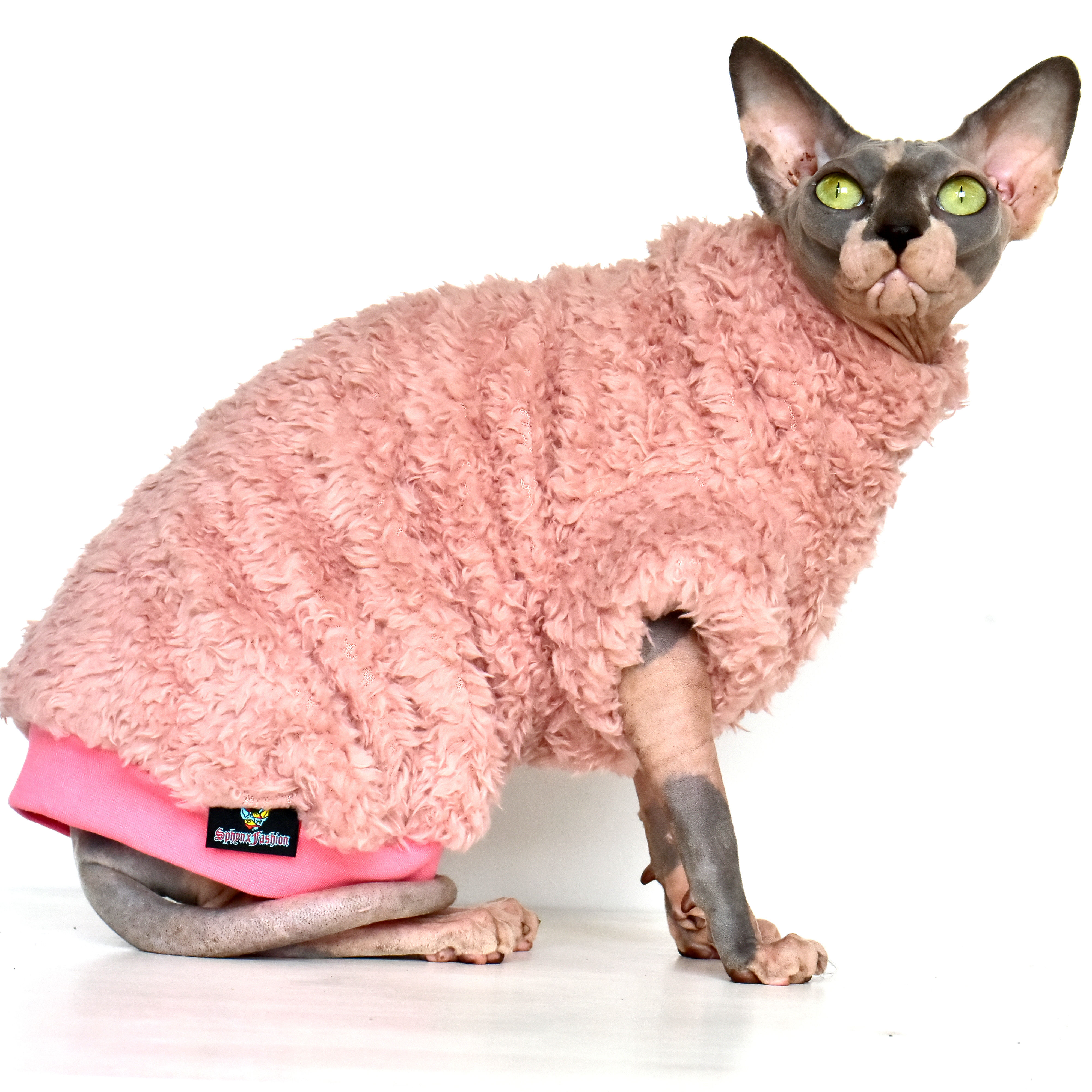 Pink Long Sleeved Turtleneck Double Sided  Fleece - Sphynx Cat Top