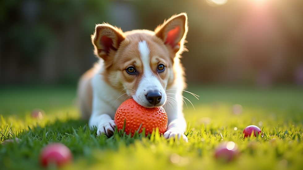 Close-up view of a dog playing with a colorful chew toy in a backyard