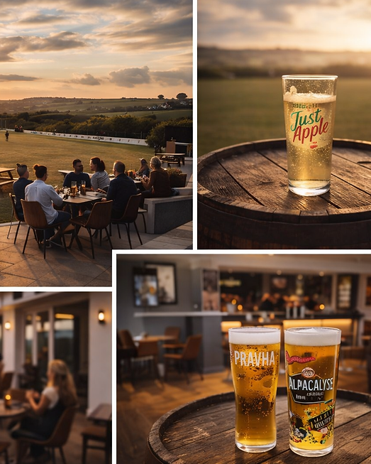 Sunset dining over a cricket pitch with cider and beer