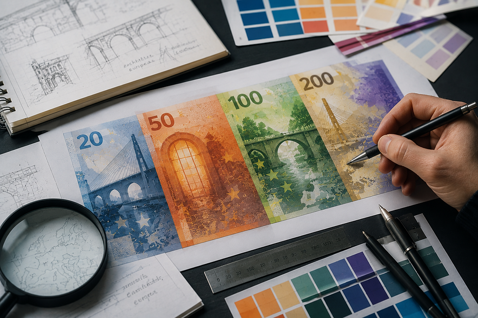 Designing the euro: currency concepts on desk