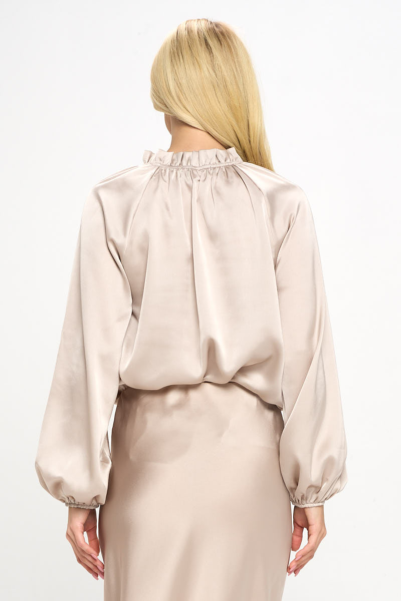 Thumbnail: Solid Satin Ruffle Mock Neck Top