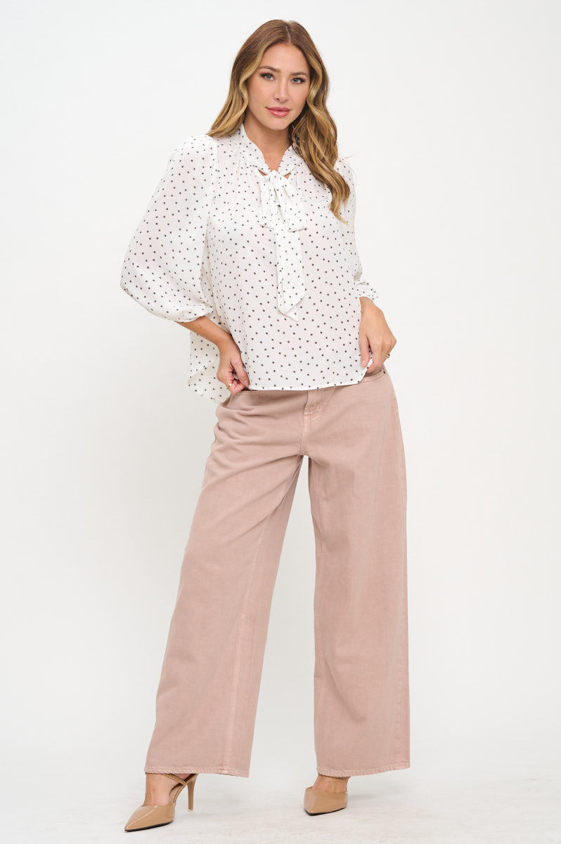 Thumbnail: Polka Dot Semi Sheer Top with Neck Tie