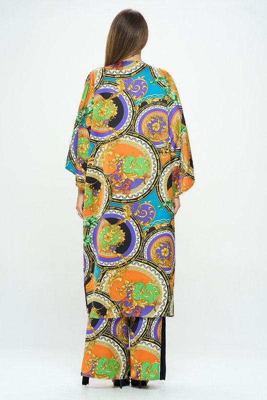 Thumbnail: Stretch Satin Print Long Kimono Cardigan