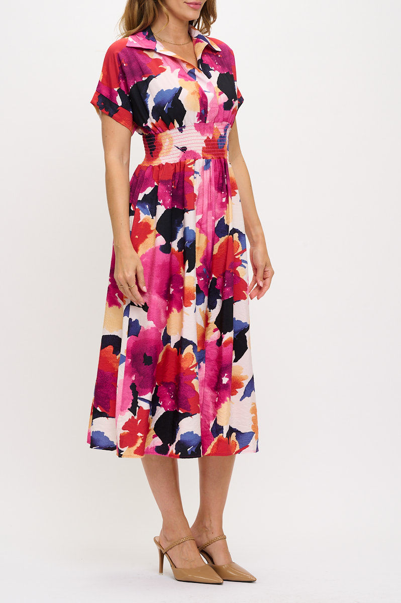 Thumbnail: Floral Print V neck Collared Dress with Smock Waist Detail