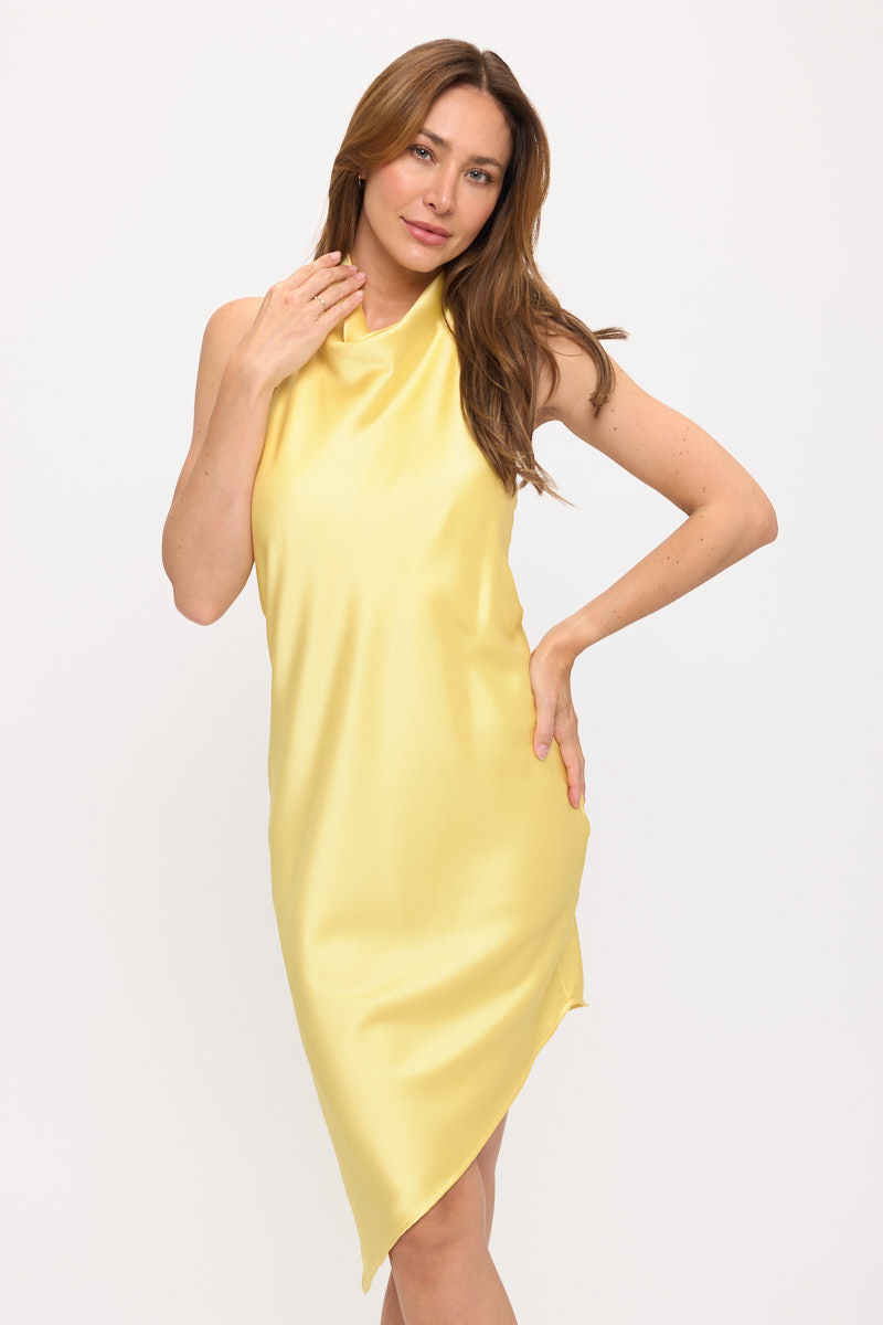 Thumbnail: Made in USA Asymmetric Satin Halter Dress