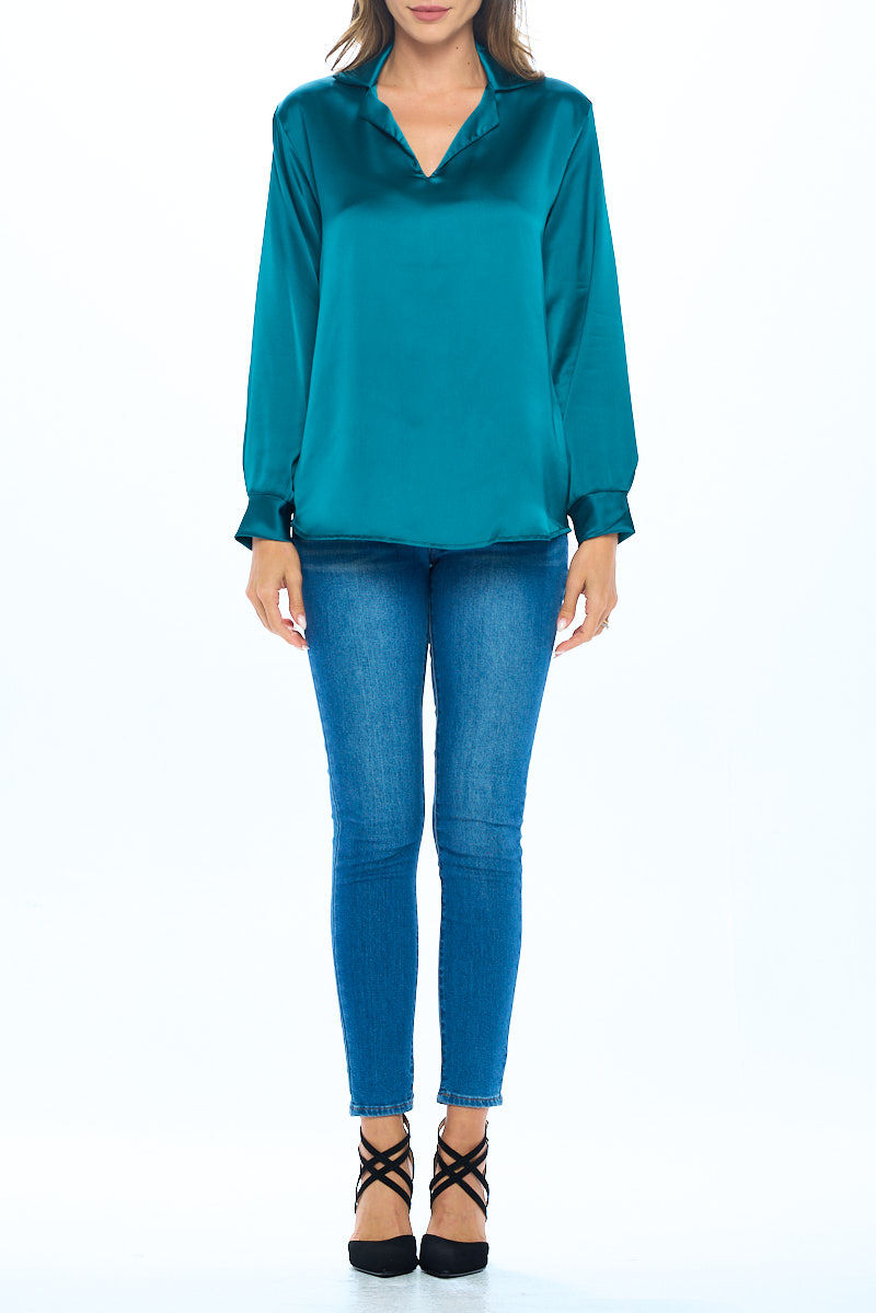 Thumbnail: Stretch Satin V neck Top w/ Collar and Cuff Sleeve