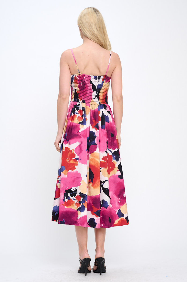 Thumbnail: Floral Print Midi Dress with Smock Back Detail and Pockets