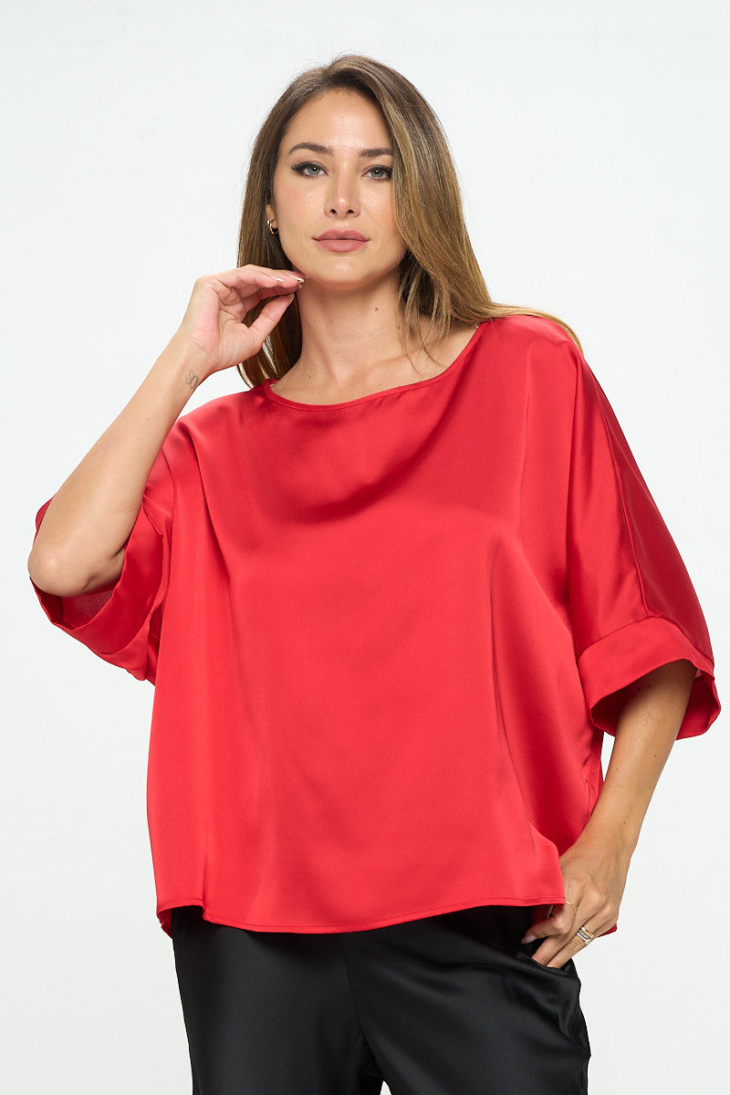 Thumbnail: Stretch Satin Solid Round neck Oversize Top