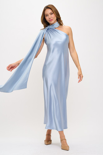 one shoulder scarf satin midi dress Carnation One Shoulder Satin Slit Maxi Scarf Dress
