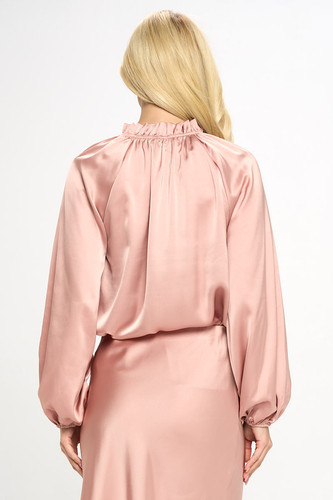 Solid Satin Ruffle Mock Neck Top | Reneecollection